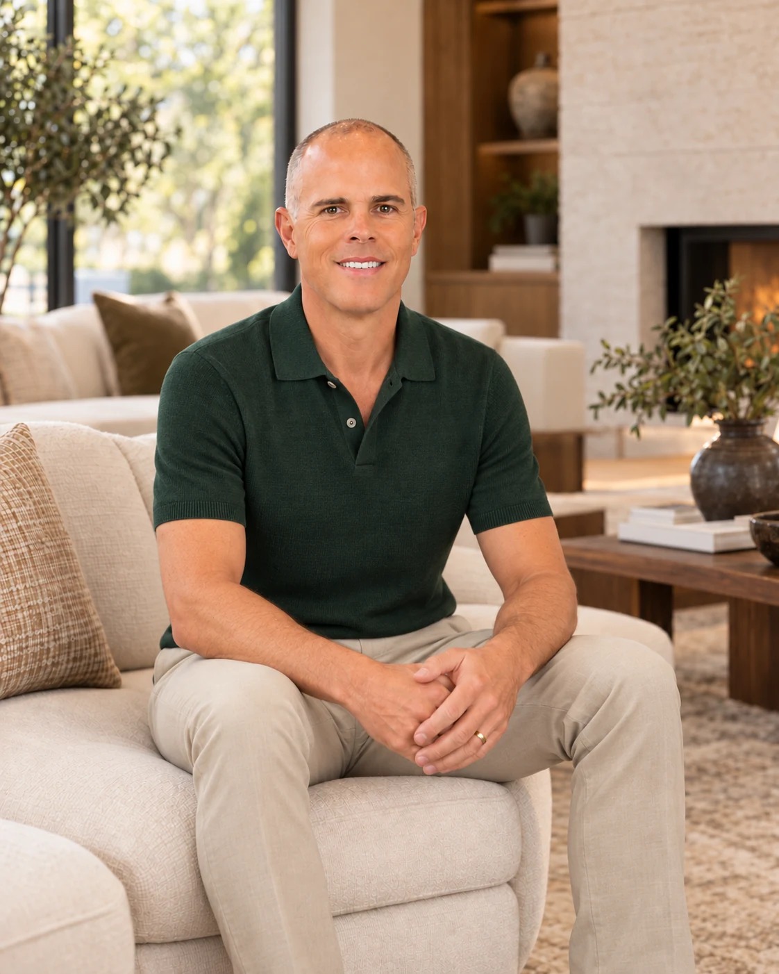Michael Johnson seated in a forest green knit polo and sand trousers