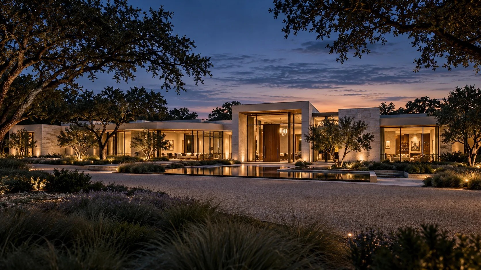 Texas-inspired architectural concept of a contemporary limestone estate beneath mature live oaks at dusk